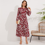 Autumn Floral Print Retro Bow Tie Long Sleeved Pleated Long Maxi Dress