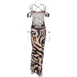 Party Sexy Backless Straps Zebra Print Long Maxi Dress
