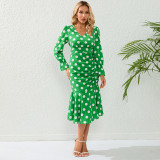 Autumn Long Sleeve V-Neck Polka Dot Pleated Long Maxi Dress