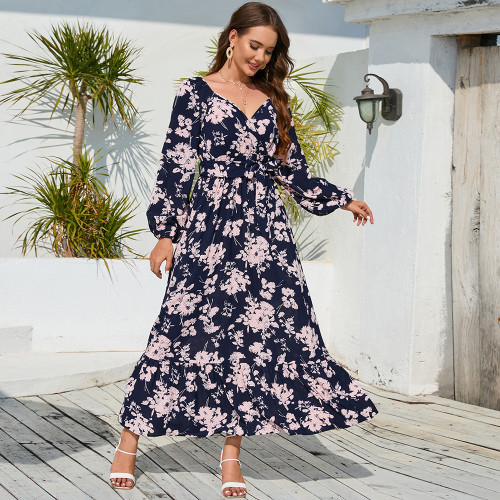 Autumn Long Sleeved V Neck Flower Print Retro Maxi Dress