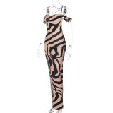 Party Sexy Backless Straps Zebra Print Long Maxi Dress