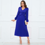 Autumn Solid Color Long Sleeved V-Neck Pleated Long Maxi Dress