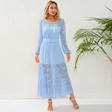 Autumn Lace Patchwork Long Sleeved O-Neck Retro Long Maxi Dress
