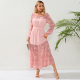 Autumn Lace Patchwork Long Sleeved O-Neck Retro Long Maxi Dress