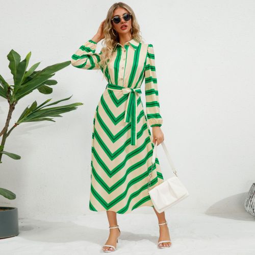 Autumn Casual Stripes Long Sleeve Maxi Blouse Dress