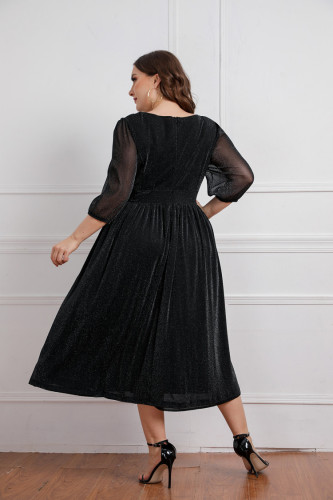 Autumn Formal V-Neck 3/4 Sleeve Plus Size Black Dress