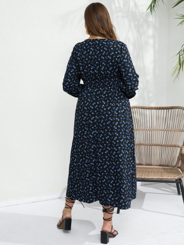 Autumn Winter Flower Print V-Neck Long Sleeve Plus Size Long Maxi Dress
