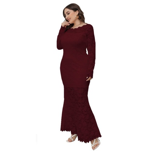 Autumn Winter Formal O-Neck Long Sleeve Plus Size Lace Evening Dress