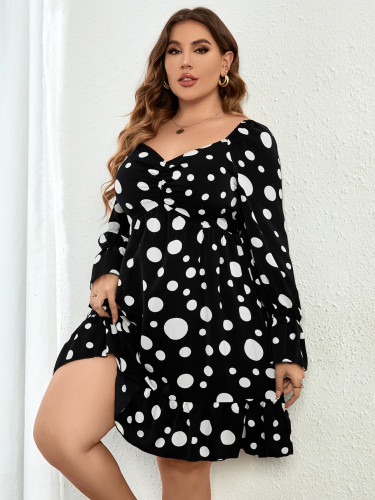 Autumn Winter Polka Dot Print Square Neck Long Sleeved Plus Size Short Dress