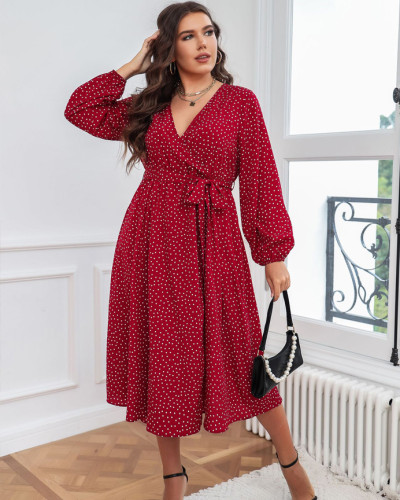 Autumn Winter Red Polka Dot Print V-Neck Long Sleeved Plus Size Maxi Dress