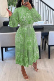 Autumn Formal Print Chiffon Pleated Maxi Dress