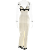 Party Sexy Lace Trim Lace-Up Strap Long Dress