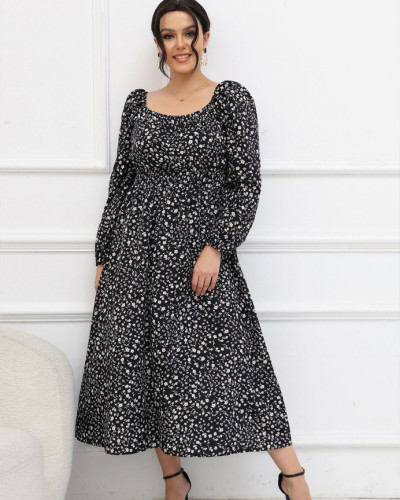 Autumn Winter Flower Print Square Neck Long Sleeve Plus Size Long Maxi Dress