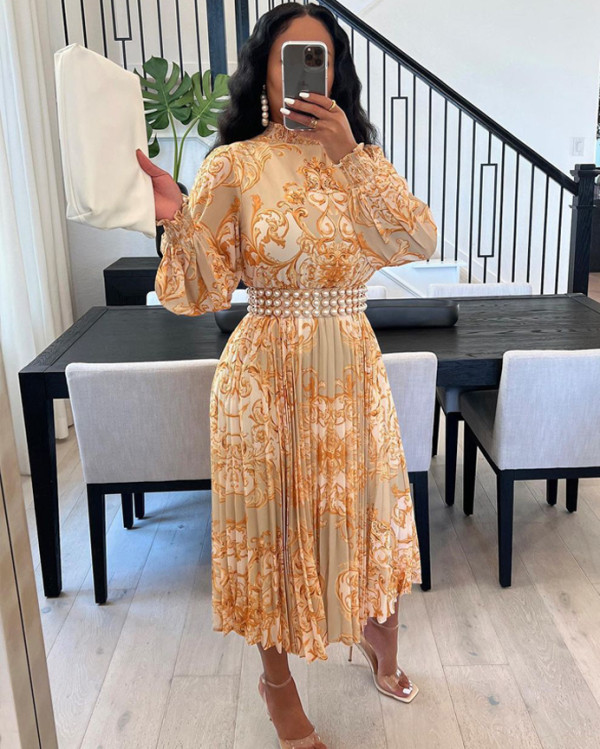 Autumn Formal Print Chiffon Pleated Maxi Dress