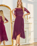 Retro Lace Chiffon Patchwork 1/2 Sleeves Irregular Wedding Bridemaid Dress