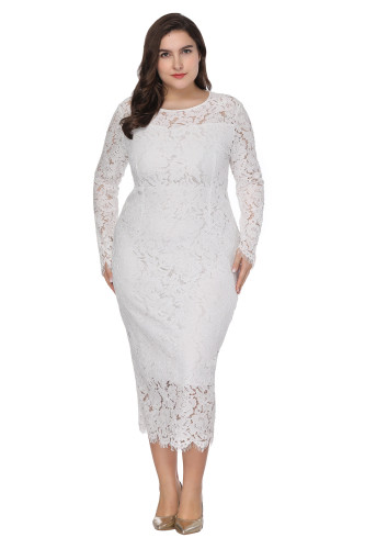 Autumn Winter Formal O-Neck Long Sleeve Plus Size Lace Dress