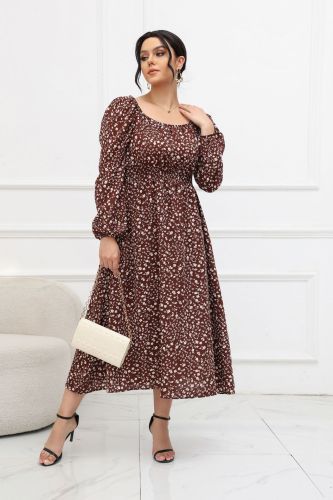 Autumn Winter Flower Print Square Neck Long Sleeve Plus Size Long Maxi Dress