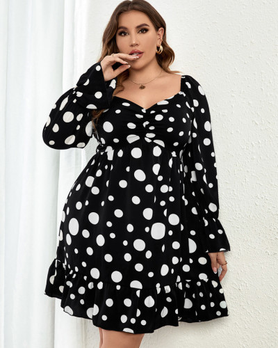 Autumn Winter Polka Dot Print Square Neck Long Sleeved Plus Size Short Dress