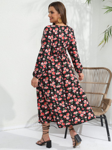 Autumn Winter Flower Print V-Neck Long Sleeve Plus Size Long Maxi Dress