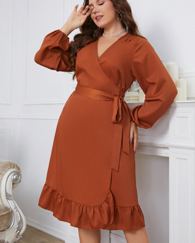 Autumn Winter Casual Solid Color V-Neck Long Sleeved Ruffle Hem Plus Size Dress