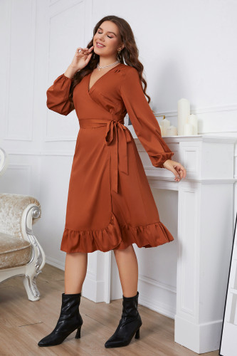 Autumn Winter Casual Solid Color V-Neck Long Sleeved Ruffle Hem Plus Size Dress