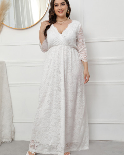 Autumn Winter Formal V-Neck Long Sleeve Plus Size Lace Evening Dress
