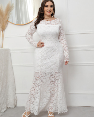 Autumn Winter Formal O-Neck Long Sleeve Plus Size Lace Evening Dress