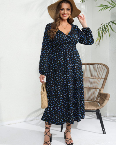 Autumn Winter Flower Print V-Neck Long Sleeve Plus Size Long Maxi Dress