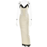 Party Sexy Lace Trim Lace-Up Strap Long Dress