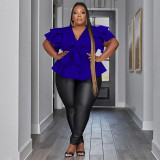 Formal Solid Color V-Neck Ruffles Plus Size Blouse