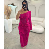 Autumn Sexy Solid Color Slash Shoulder Single Sleeve Sheer Plus Size Dress