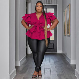 Formal Solid Color V-Neck Ruffles Plus Size Blouse