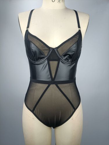Sexy Mesh PU Patchwork Bodysuit Teddy Lingerie