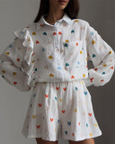 Autumn Casual Heart Print Ruffles Two Piece Cotton Loungwear