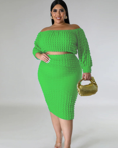 Autumn Casual Solid Color Crop Top + Midi Skirt Plus Size Two Piece Set Clothing