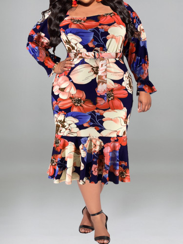 Autumn Floral Print Long Sleeve Plus Size Party Dress