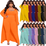 	 Autumn Winter Casual Solid Color Ribbed Plus Size Three Piece Outfit 