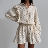 Autumn Casual Heart Print Ruffles Two Piece Cotton Loungwear