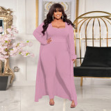 	 Autumn Winter Casual Solid Color Ribbed Plus Size Three Piece Outfit 