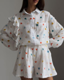 Autumn Casual Heart Print Ruffles Two Piece Cotton Loungwear