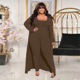 	 Autumn Winter Casual Solid Color Ribbed Plus Size Three Piece Outfit 