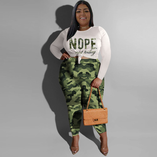 Autumn Casual Print Plus Size Basic Shirt + Pants Two Piece Outfit