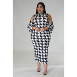 Autumn Houndstooth Print Sexy Plus Size Party Dress