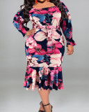 Autumn Floral Print Long Sleeve Plus Size Party Dress
