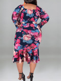 Autumn Floral Print Long Sleeve Plus Size Party Dress