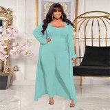 	 Autumn Winter Casual Solid Color Ribbed Plus Size Three Piece Outfit 