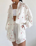 Autumn Casual Heart Print Ruffles Two Piece Cotton Loungwear