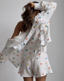 Autumn Casual Heart Print Ruffles Two Piece Cotton Loungwear