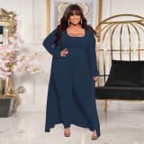 	 Autumn Winter Casual Solid Color Ribbed Plus Size Three Piece Outfit 