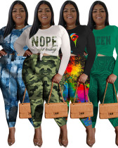 Autumn Casual Print Plus Size Basic Shirt + Pants Two Piece Outfit